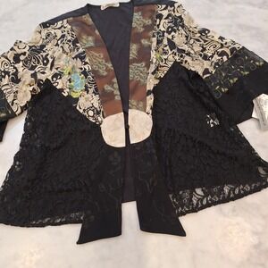New Vtg Spencer Alexis Jacket Lg Black Peacock Floral Lace Art Boho Kimono Wrap